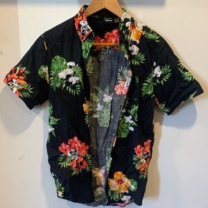 Disney Mickey Mouse Men’s Black Floral Hawaiian Shirt